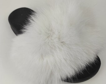 Fur slides, fur slippers, fox fur slides, fluffy slides