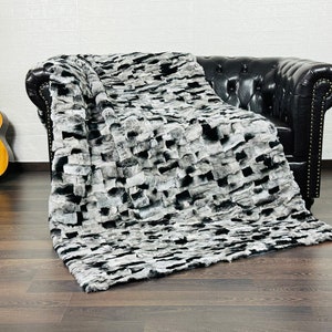 Real Rex Rabbit Fur Blanket Throw • Handmade Fur Sofa Cover n Bedspread • Vintage Rabbit fur Throw Blanket