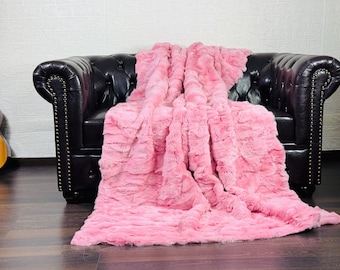 Soft rex rabbit fur throw blanket pink color rabbit rug for bedroom or lounge