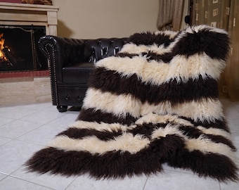Mongolian sheepskin throw blanket brown cream stripes fluffy wool luxury sofa