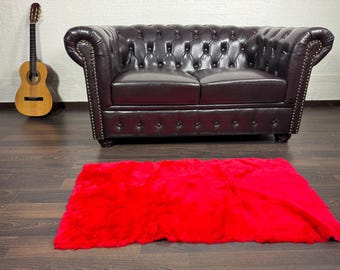 Real DOUBLE SIDED Red Full Skin Rex Rabbit Fur Blanket Throw • Handmade Fur Sofa Cover n Bedspread • Vintage Rabbit fur Throw Blanket
