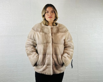 EXCLUSIVE Real Beige Pelt Mink Fur Jacket for Women Bomber style • Personalized Mink Fur Coat • Winter Vintage Fur Jacket