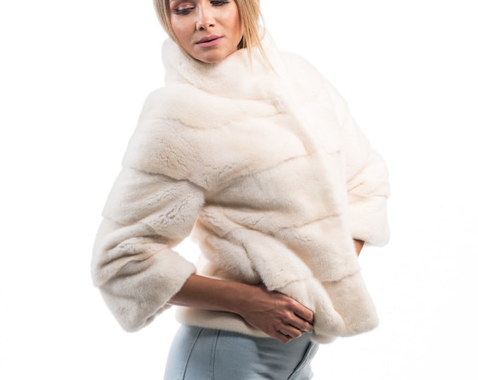 Featured listing image: Real White Mink Pelt Fur Coat for Women • Personalized Mink Fur Jacket • Vintage Fur Coat