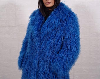 Mongolian sheepskin wool coat blue long knee length heavy fluffy winter overcoat