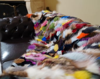 Colorful fox fur throw blanket handmade luxury real fur bedspread sofa cover vibrant home decor housewarming gift