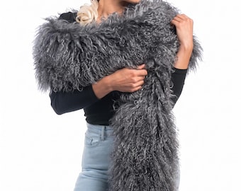 Mongolian sheepskin wool scarf gray extra long fluffy luxury winter wrap women