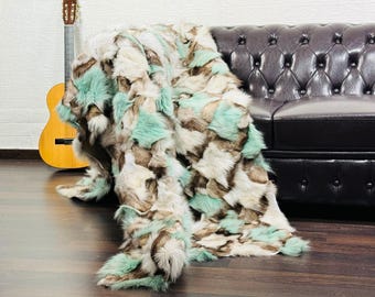 Luxury DOUBLE SIDED Real FOX Fur Throw Blanket Colorful • Large Area Rug  • Genuine Fur Rug  • Ethically and Organic Farmed Fox Fur