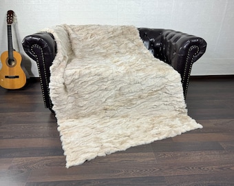 Real Rabbit Fur Blanket Throw Beige • Personalized Handmade Fur Sofa Cover n Bedspread • Vintage Rabbit fur Throw Blanket