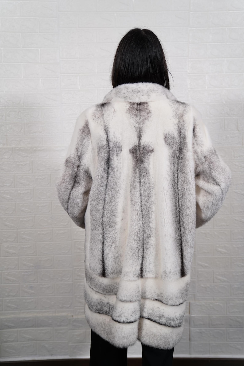Back view natural black cross mink long overcoat genuine fur premium satin lining handmade women winter coat