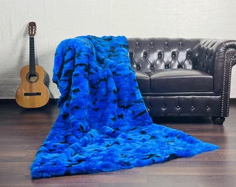Luxurious Rex Rabbit Fur Blanket Throw Blue Black •  Personalized  Handmade Fur Sofa Cover n Bedspread • Vintage Rabbit fur Throw Blanket