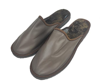 Fur Sheepskin Leather Slippers Brown for Men • Cozy Warm House Wool Slippers  •  Handmade genuine leather slippers