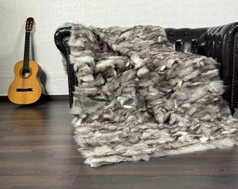 Real Fur Blanket Gray • Personalized Fox Fur Blanket Throw • Handmade Genuine Fur Blanket • Fur Bedspread n Sofa Cover