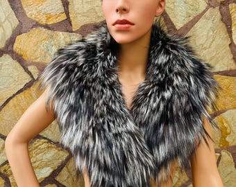 GORGEOUS Real Silver FOX FUR Collar • Handcrafted Winter Fashion Accessory • Real Fur Scarf • Fur Wrap • Fur Shawl