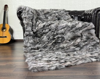 Real Fur Blanket Gray • Personalized Fox Fur Blanket Throw • Handmade Genuine Fur Blanket • Fur Bedspread n Sofa Cover