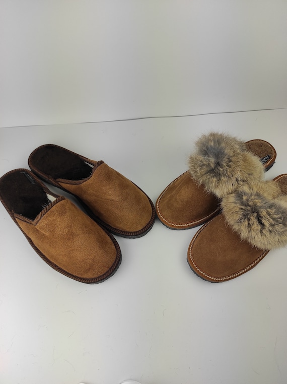 Leather and fur slippers sale