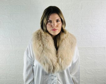 Fluffy detachable fox fur scarf beige, handmade luxury fur wrap, soft elegant fur stole