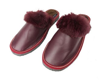 Fur Sheepskin Leather Slippers Bordo for Women • Cozy Warm House Wool Slippers  •  Handmade genuine leather slippers