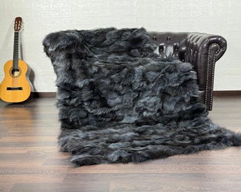 Real DOUBLE SIDED Dark Grey Blue Fox Fur Throw • Personalized Genuine Fur Throw Rug • Handmade Vintage Fur Throw for Living Room n Bedroom