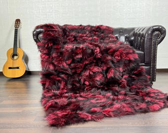 Fox fur real throw blanket black red detailing luxurious bedspread fox fur rug for living room and bed decor