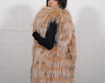 Camel Fox Fur Long Vest Women Luxury Real Full Skin with leather lines Handmade Genuine Fur Winter Sleeveless Coat Linen Lined Gift for Her