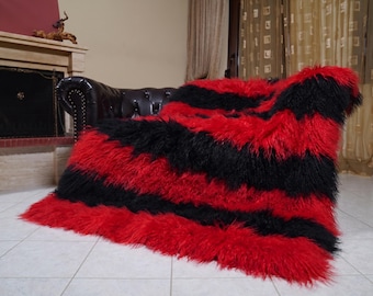 Mongolian sheepskin throw blanket black red stripes fluffy wool luxury sofa accent