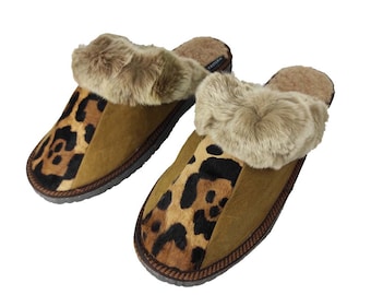 Fur Sheepskin Leather Slippers Animal Print for Women • Cozy Warm House Wool Slippers  •  Handmade genuine leather slippers