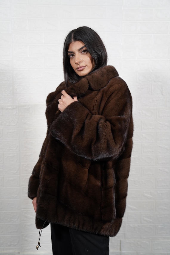 Brown Mink Fur Jacket Coat with Collar Handmade Real Fur Women Luxury Winter Full Skin Premium Gift for Her