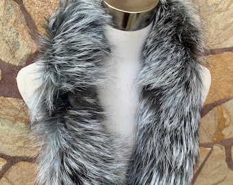 Gray Blue Fur trim for hood • Fox Fur Collar Scarf •  Fur Trim for Jacket • Fur Trim with Zipper Adjustment