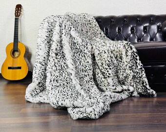 Dalmatian Print Color Rex RABBIT Full Skin Fur Blanket Throw • Handmade Fur Sofa Cover n Bedspread • Vintage Rabbit fur Throw Blanket