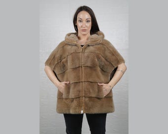 Mink fur cape brown jacket with hood, luxurious winter fashion for women, fur wrap gift for her