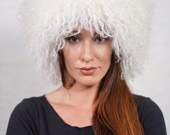Mongolian sheepskin wool hat white fluffy winter women adjustable warm velvet lined
