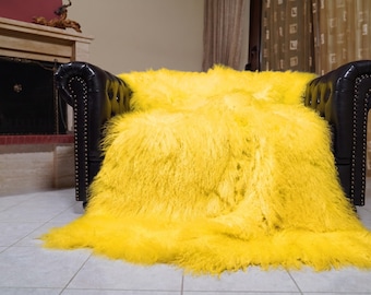 Mongolian sheepskin wool blanket yellow fluffy throw vibrant home decor luxury gift