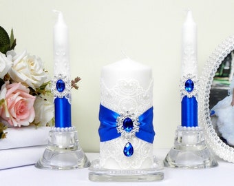 Royal blue unity candle set for wedding Unity ceremony decor White lace and flower candle Couple engagement candle