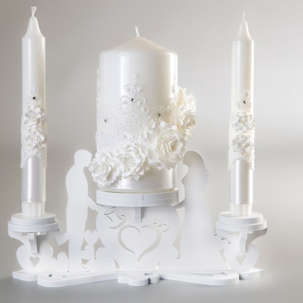 Wedding Unity candle set with holder for ceremony Flower fancy decor for New family