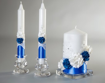 Wedding candles for unity ceremony Royal blue unity candle set with holders