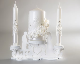Lace & handmade flowers Wedding Unity Candle Set, Family Ceremony Candles