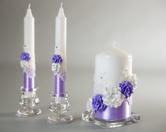 Unity candle set for wedding with holders Purple unity wedding ceremony decor