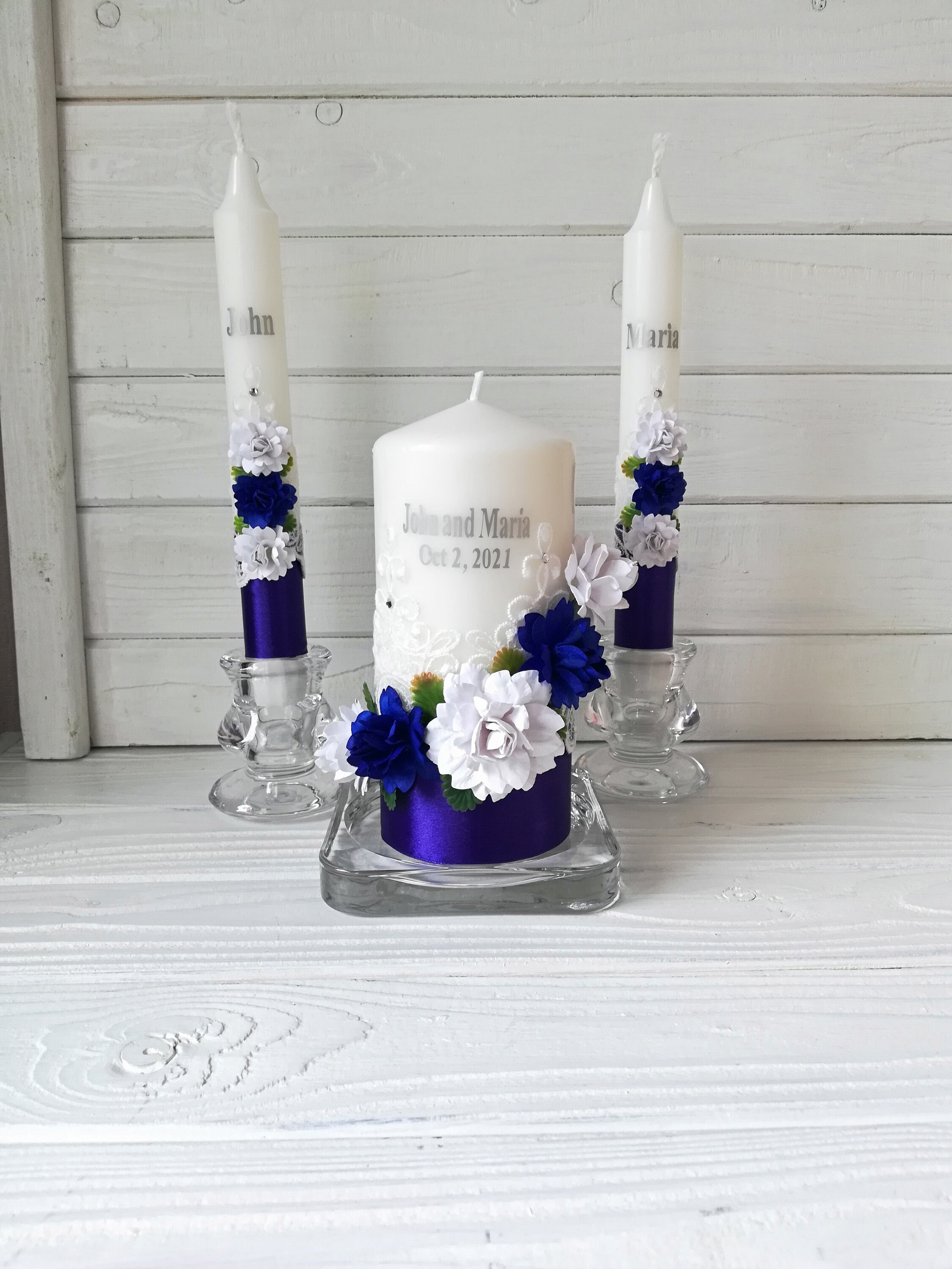 Unity candle set dark blue couple Royal blue wedding Flower Etsy