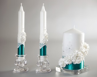 Unity candle set for wedding Emerald Green ceremony unity candles with holders