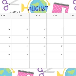 Back to school August calendar page