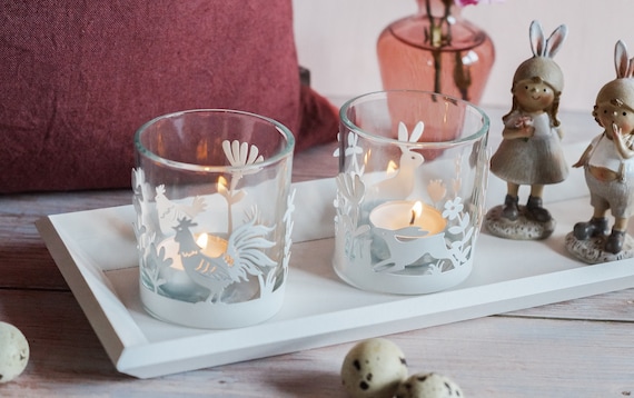 Teelichthalter 2 Glas Glas Frühjahr Frühling Stück Deko Osterdeko Ostern Wohnzimmer Frühlingsdeko Windlicht Kerzenhalter