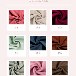 May include: A color selection chart for boiled wool fabric labeled Farbauswahl Wollwalk. It displays nine swatches numbered 1 through 9 in shades of pink, beige, dark red, light green, navy blue, rust, gray, light pink, and brown. URL: www.ladresseria.de.