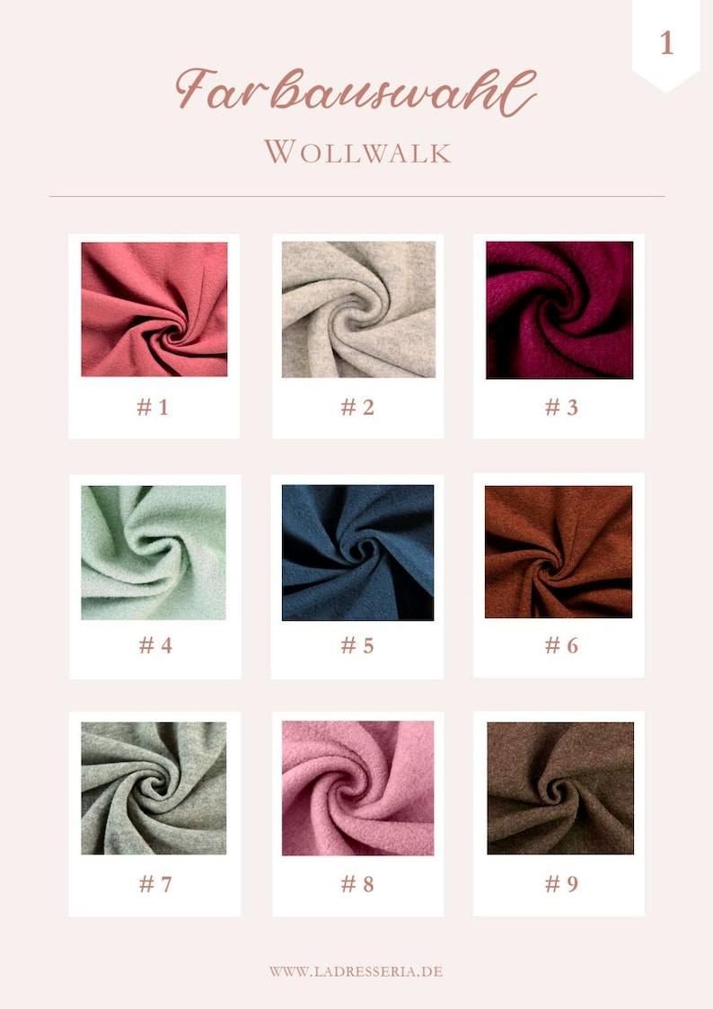 May include: A color selection chart for boiled wool fabric labeled Farbauswahl Wollwalk. It displays nine swatches numbered 1 through 9 in shades of pink, beige, dark red, light green, navy blue, rust, gray, light pink, and brown. URL: www.ladresseria.de.