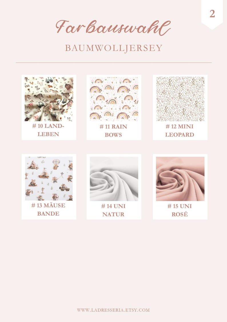 May include: A color selection chart for cotton jersey fabric featuring six swatches labeled 10 through 15. Patterns include farm life, rainbows, leopard print, mice, solid natural white, and solid rose pink, all displayed on a light pink background.