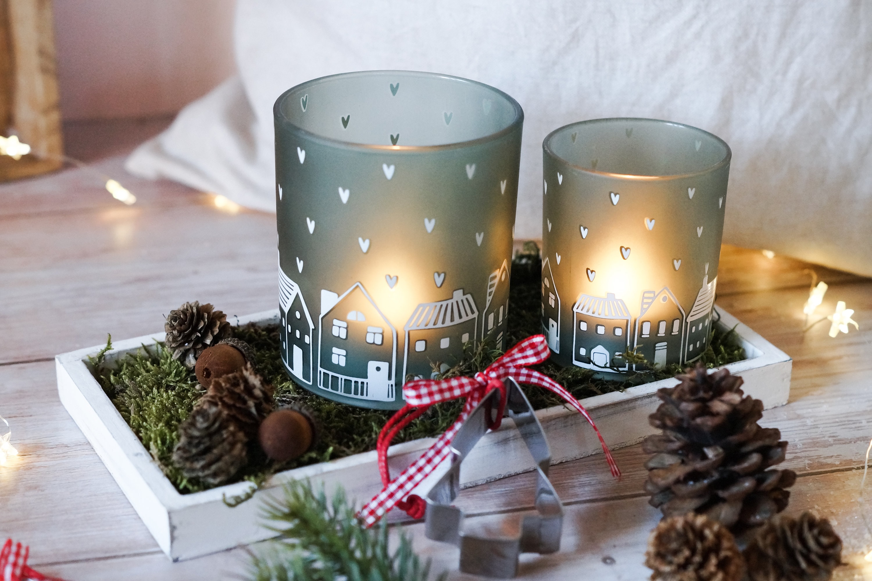 Decorative tray autumn Christmas | Natural Christmas decoration | Natural autumn decoration | Lantern | Tealight holder | Candle holder | Houses