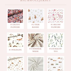 May include: A color selection chart for cotton jersey fabric featuring nine distinct patterns labeled #1 Dusty Flowers, #2 Tier Bande, #3 Blush Flowers, #4 Wildlife, #5 Sommerwiese, #6 Eukalyptus, #7 Turtles, #8 Stripes, and #9 Fahrzeuge on a light background.