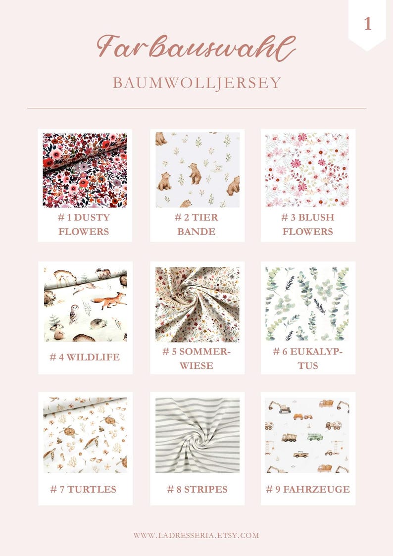 May include: A color selection chart for cotton jersey fabric featuring nine distinct patterns labeled #1 Dusty Flowers, #2 Tier Bande, #3 Blush Flowers, #4 Wildlife, #5 Sommerwiese, #6 Eukalyptus, #7 Turtles, #8 Stripes, and #9 Fahrzeuge on a light background.