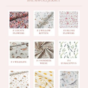 May include: Nine fabric swatches with different patterns, including dusty flowers, willow kitten, blush flowers, wildlife, summer meadow, eucalyptus, turtles, sunset, and sea life. The swatches are labeled with numbers 1 through 9.