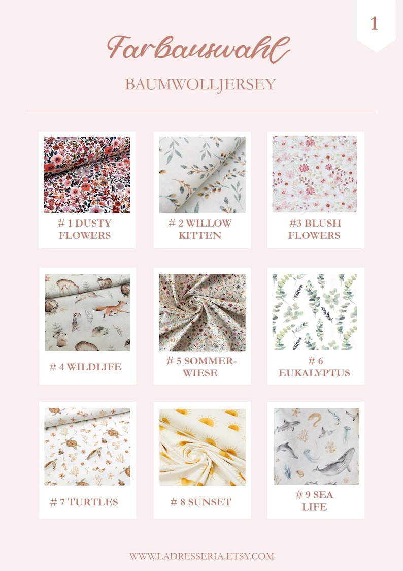 May include: Nine fabric swatches with different patterns, including dusty flowers, willow kitten, blush flowers, wildlife, summer meadow, eucalyptus, turtles, sunset, and sea life. The swatches are labeled with numbers 1 through 9.