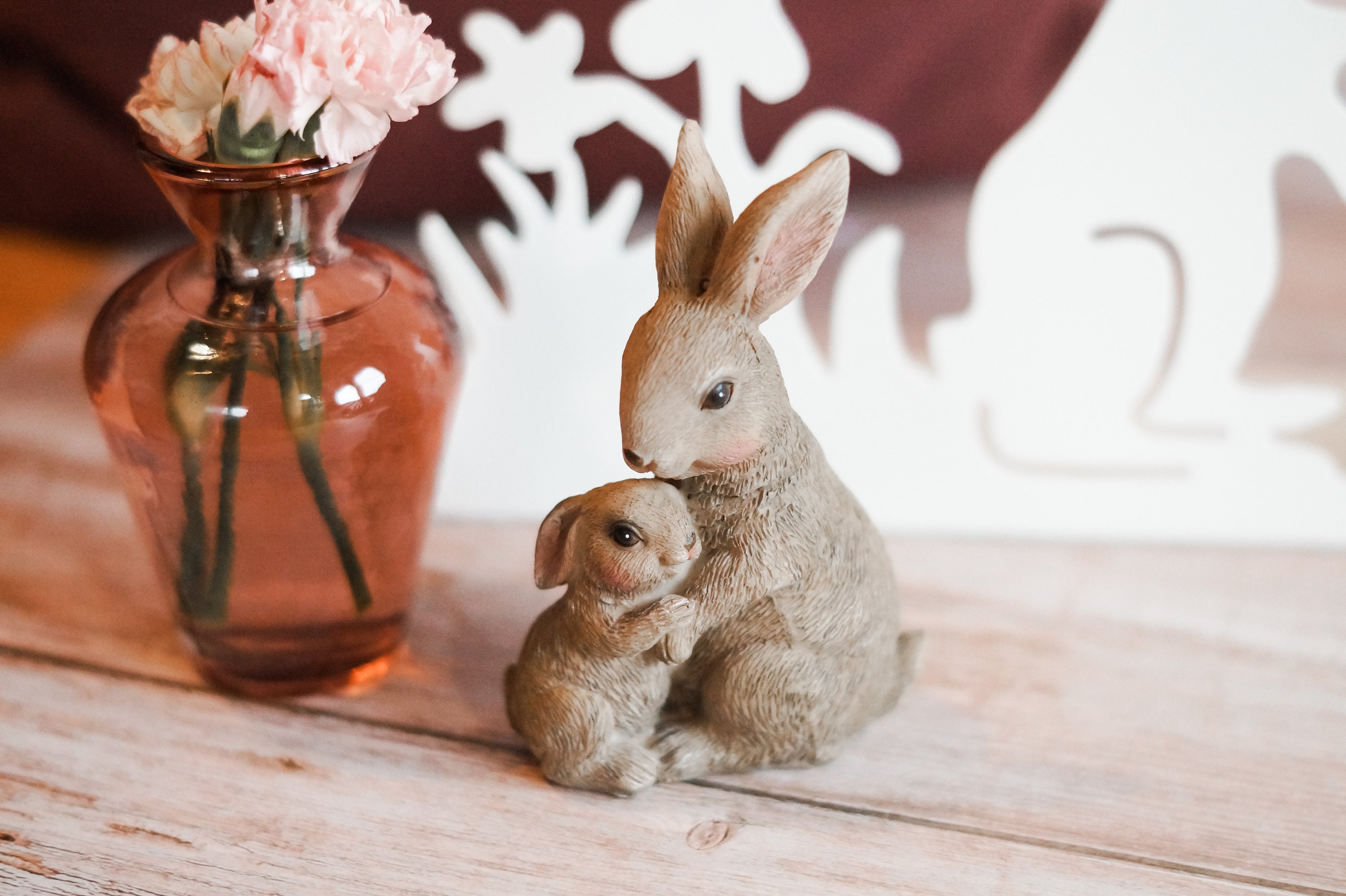 Dekofigur Hase Hasenpaar Osterdeko Frühlingsdeko Frühjahrsdeko Landhaus Deko  Hase mit Kind Dekohase Osterhase Osterfigur